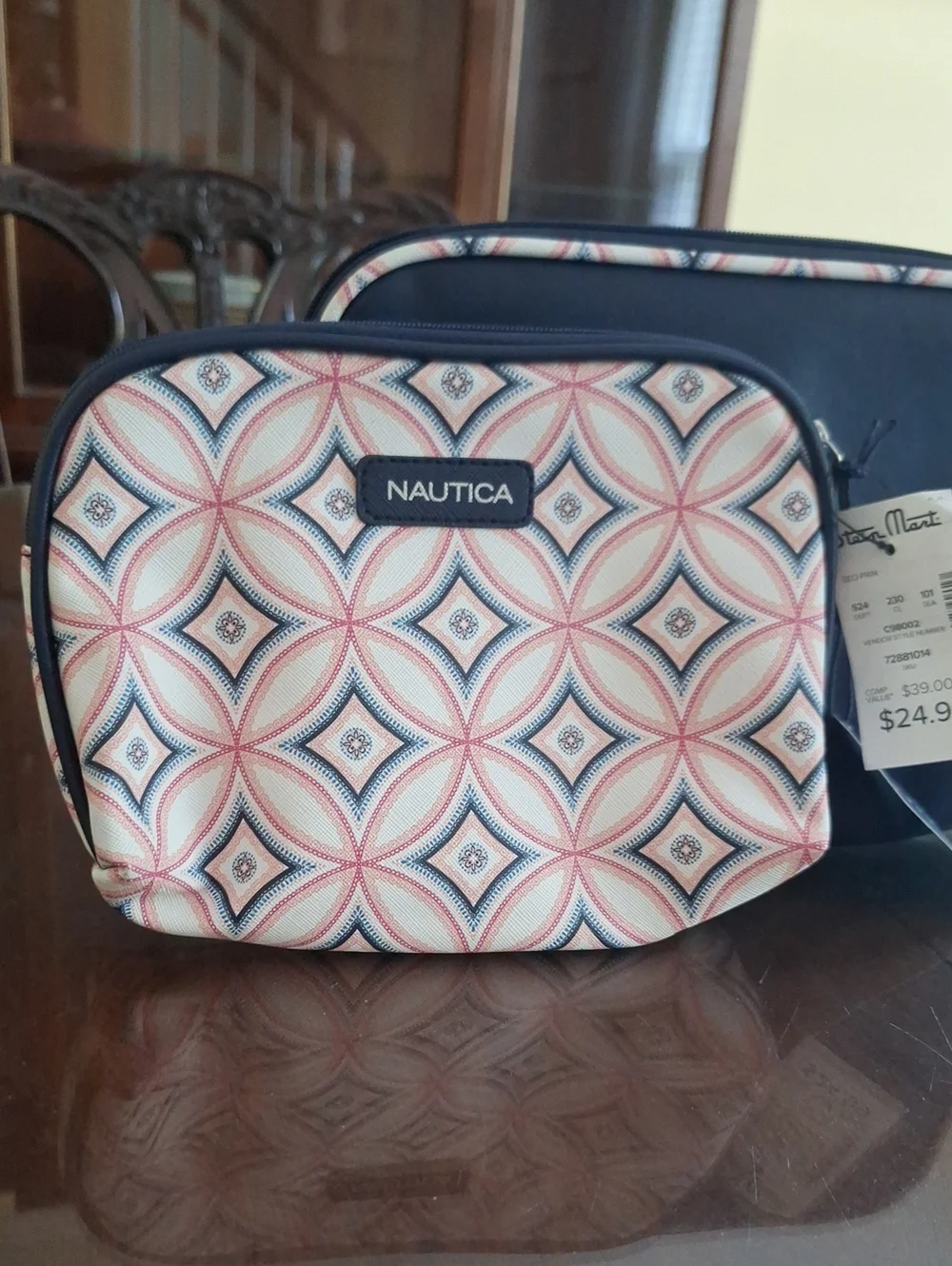 Nautica Navy & Pink/Blue Two Piece Patterned Cosmetic Case Travel Bag Set, NWT
